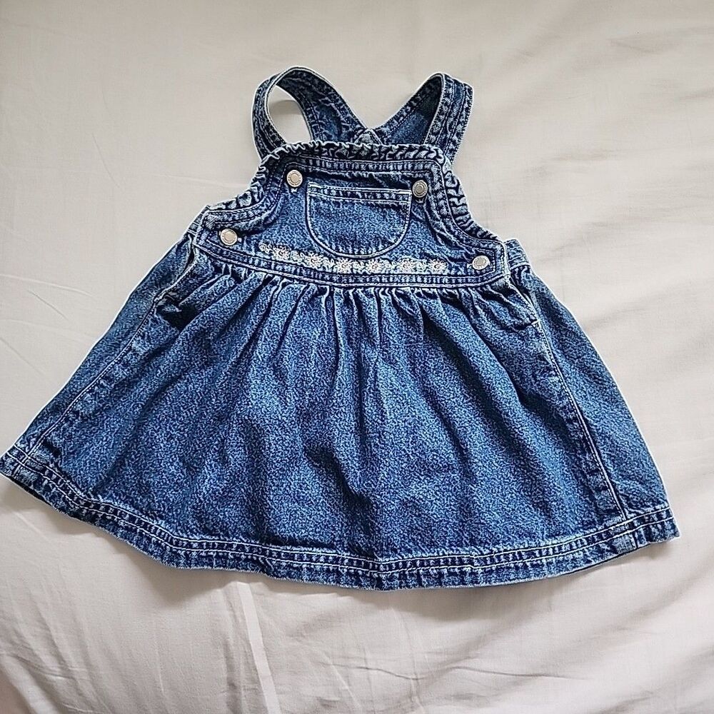 Vintage Gymboree Jean Overall Dress Size 3-6 Mo Blue Embroidered Denim 90's